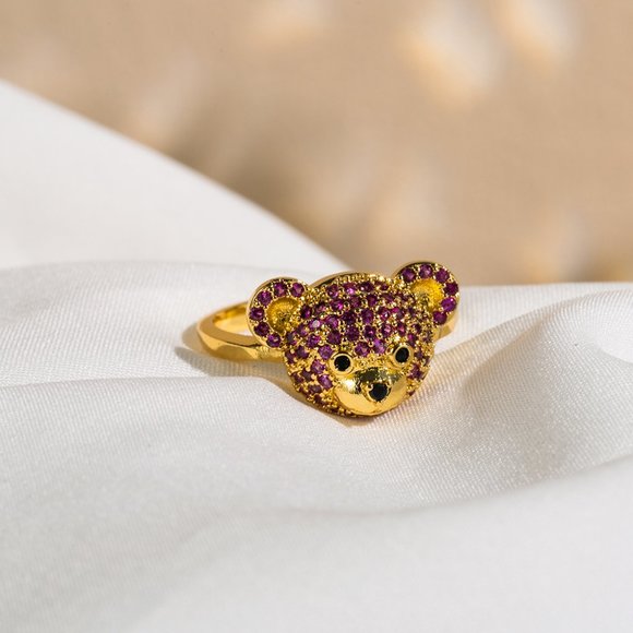 3/$35 Bear Gold Plated Open Ring Purple Crystals Cute Animal Statement Jewelry - Picture 5 of 5